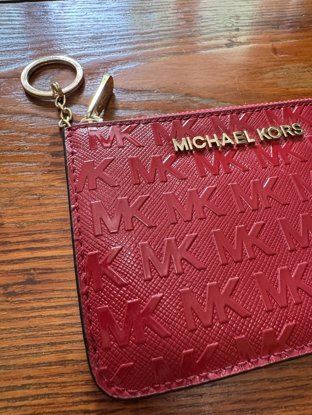 Michael Kors Red Embossed Zip Card Holder with Key Ring - Picture 2 of 7